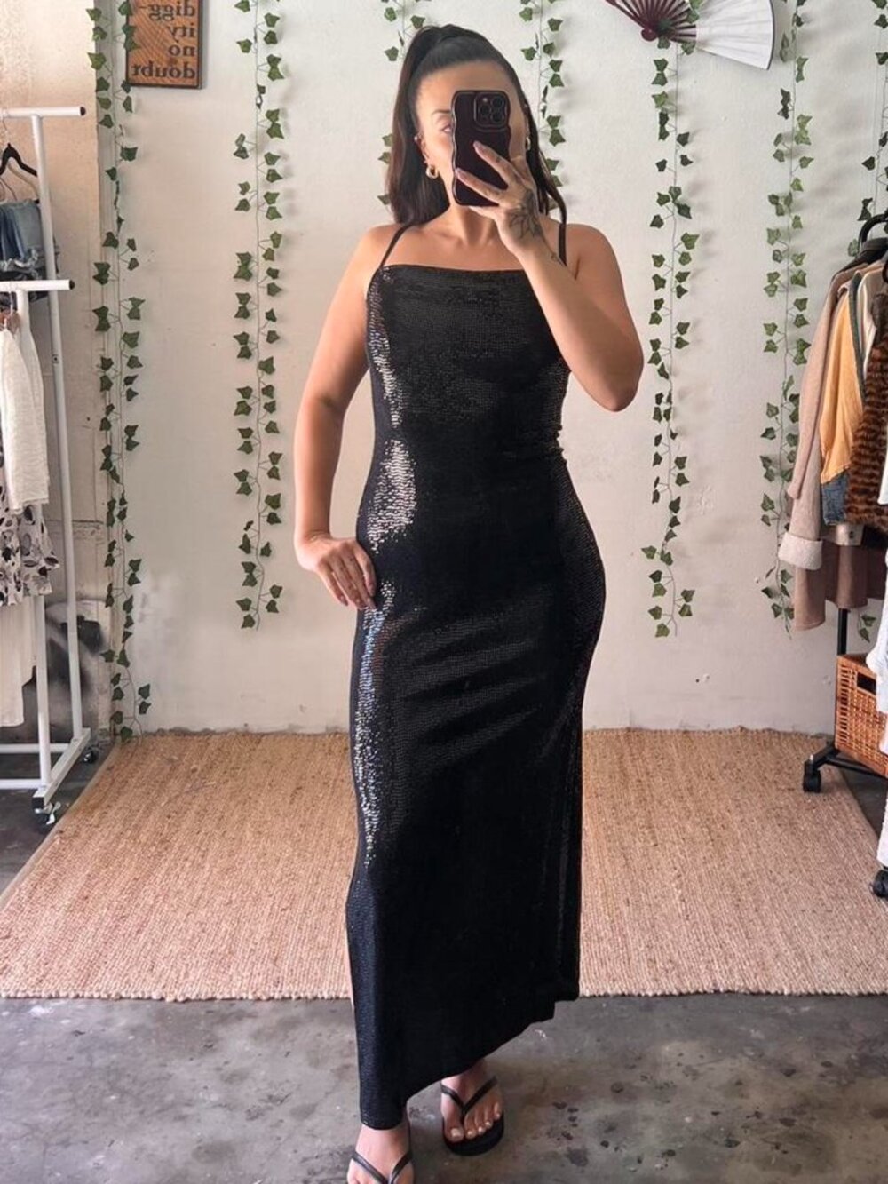 Bebe Black Sequin Maxi Dress Y2K Slip Evening Side Slit Small